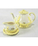 Vintage 2 Pcs MINIATURE DISPLAY TEA SET PORCELAIN YELLOW &amp; WHITE Pink Rose - $17.92 CAD