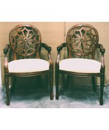 Pair of Georgian Style Carved Mahogany Wheelback Arm Chairs Floral Damas... - $494.01