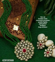 Pendant Green Kundan Jewelry Set Mala Haar Necklace Long Earrings Ethnic... - £16.05 GBP