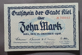  German 10 Zehn Mark from 1918 Gutfchein der Stadt Kiel Uncirculated Banknote - £4.00 GBP