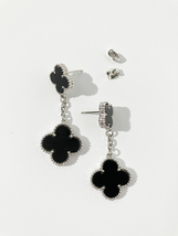 Drop Onyx and Silver Quatrefoil Motif Earrings - £43.28 GBP