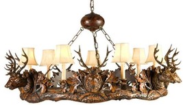 Chandelier Lodge 7 Small Stag Head Deer 7-Light Chestnut Cast Resin Faux - £3,780.15 GBP