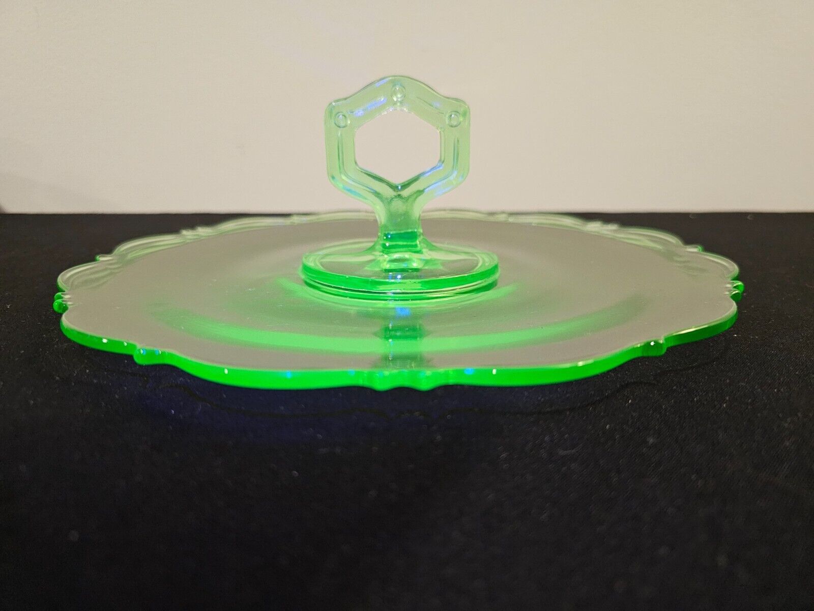 Primary image for Uranium Vaseline Green Glass 10” Tidbit Serving Tray with Handle Vintage