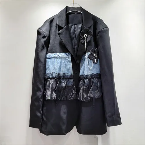 SuperAen Stitched Gauze Denim Blazer Jacket Women&#39;s  Autumn   Design Blazer Top  - £159.30 GBP