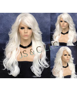 White Human Hair Blend Long Wig Wavy Curly Bangs Off center part Heat Sa... - $95.96