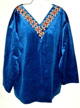 Vtg Top 70s 80s Blue Velveteen popover lounge Holiday festive MONIQUE L oversize - $29.65