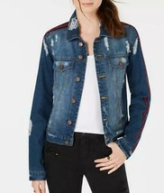 Almost Famous Juniors Varsity-Stripe Ripped Denim Jacket,XL - $33.00