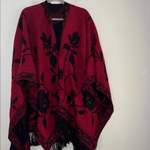 Vintage Poncho Womens 0 Shall Fringe Black and Red Wrap Duster Cozy Over... - $19.60