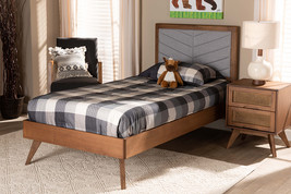 Asher Light Gray Fabric Walnut brown Twin Size Platform Bed - $9,015.23 MXN