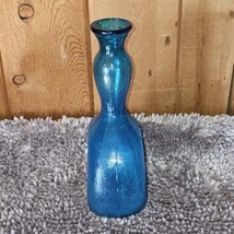 Vintage Design Mid Century Blue Art Glass Vase Tall Neck With Flower Pat... - $70.13