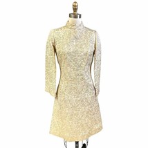 1960s Mod VTG Gold Metallic Brocade High Neck Mini Dress Sz M Party Cock... - $123.85