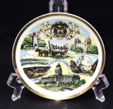 Utah Mini Souvenir Plate w/ Gold Rim State Seal Covered Wagon Mormon Tem... - $9.49