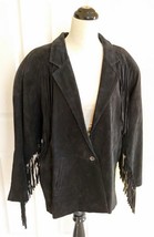 Vintage COMINT Women&#39;s Sueded Black Leather Fringed Jacket/Coat (M) 1980&#39;s - £46.15 GBP