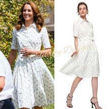 Queen Letizia Inspired Tonal Blue Graphic Polka Dot Belted Cotton Shirt ... - $59.99