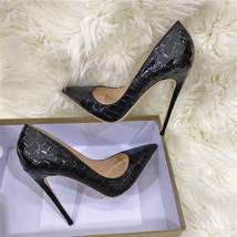  shiny black croc effect women pointed toe stiletto pumps sexy ladies slip on high heel thumb200