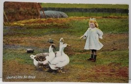 Adorable Girl Playing with Geese, Just a little Bit Afraid, Postcard C18 - £4.77 GBP