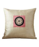 Set of 2 Boho Silk Throw Pillow Covers 16.5” Beige Patchwork Embroidered Mandala - $22.50