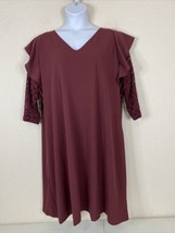 Du Jour Womens Plus Size 2X Maroon V-neck Stretch Ruffle Dress 3/4 Lace Sleeve - £10.92 GBP