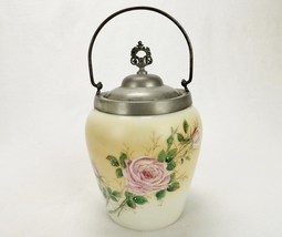 Milk Glass Biscuit/Cracker Jar, Metal Lid &amp; Handle, Vintage, Pink Roses, CJ-1 - £115.31 GBP