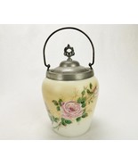 Milk Glass Biscuit/Cracker Jar, Metal Lid &amp; Handle, Vintage, Pink Roses,... - £115.55 GBP