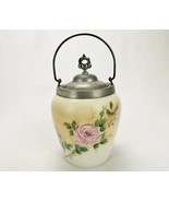 Milk Glass Biscuit/Cracker Jar, Metal Lid &amp; Handle, Vintage, Pink Roses,... - $146.95