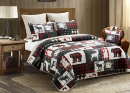 Country Lodge Bear Paw Printed Lightweight Queen Quilt Set W/Tote Woodland Plaid - £55.74 GBP