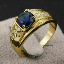 1.30CT Natural Blue Sapphire &amp; White Moissanites In 10K Yellow Gold Men&#39;s Ring - £1,102.57 GBP