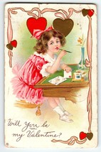 Valentines Day Postcard Girl Seated Writing Pen Vintage Series 313 Stecher 1914 - £4.86 GBP