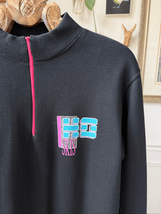 Vintage 80s 90s Ho Skis 1/4 Zip Tunic Sweatshirt Black Neon Pink Blue L - $32.40