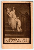 Halloween Postcard Goblins Will Get You Boy Girl On Stairs 134 Ullman 1909 - $43.70