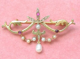 ANTIQUE ART NOUVEAU .08ctw ROSE DIAMOND &amp; RUBY PEARL 18K PENDANT / BROOC... - $840.51