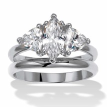 PalmBeach Jewelry Platinum-Plated 2 TCW Marquise Cubic Zirconia Bridal Ring Set - £28.00 GBP