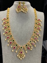 Bollywood Style Gold Plated Indian CZ Ruby Emerald Necklace Earrings Jewelry Set - £60.94 GBP