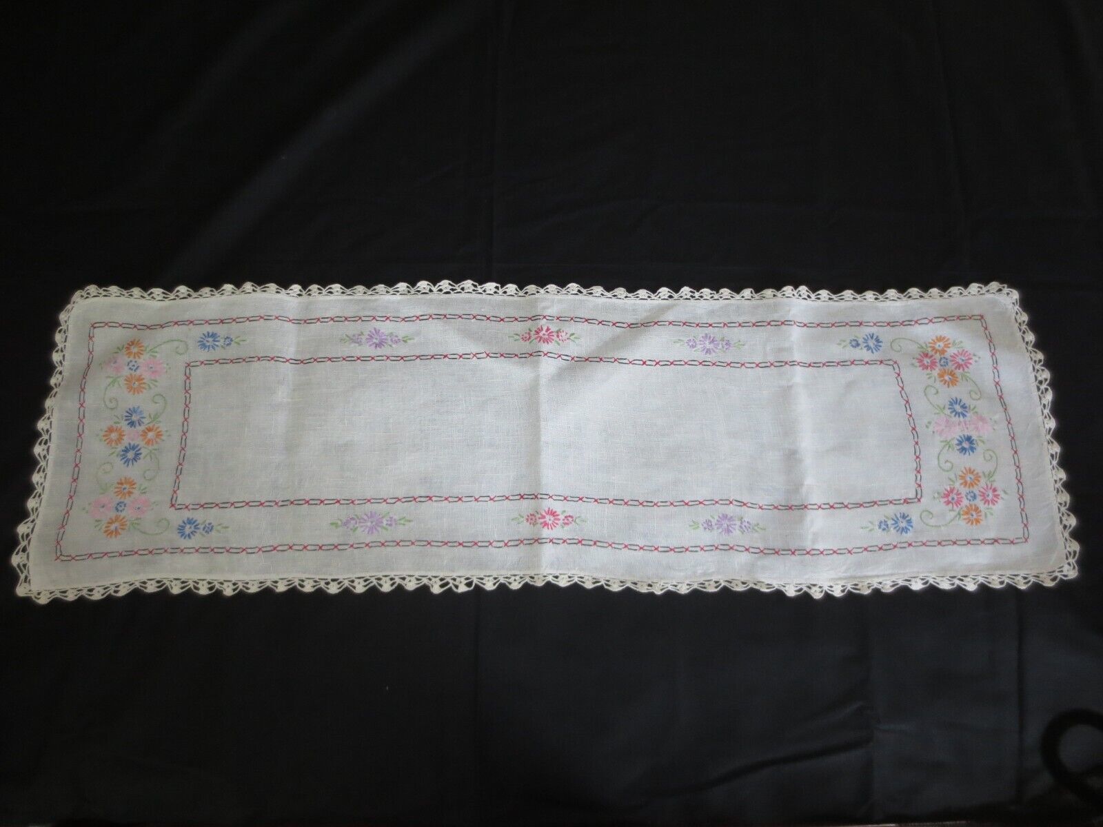 Primary image for UNUSED Vintage FLORAL EMBROIDERED Linen RUNNER - 41" x 12-1/2"