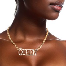 Woman Clear Rhinestone Crowned Queen Pendant Curb Chain Gold Plated Necklace - £30.55 GBP