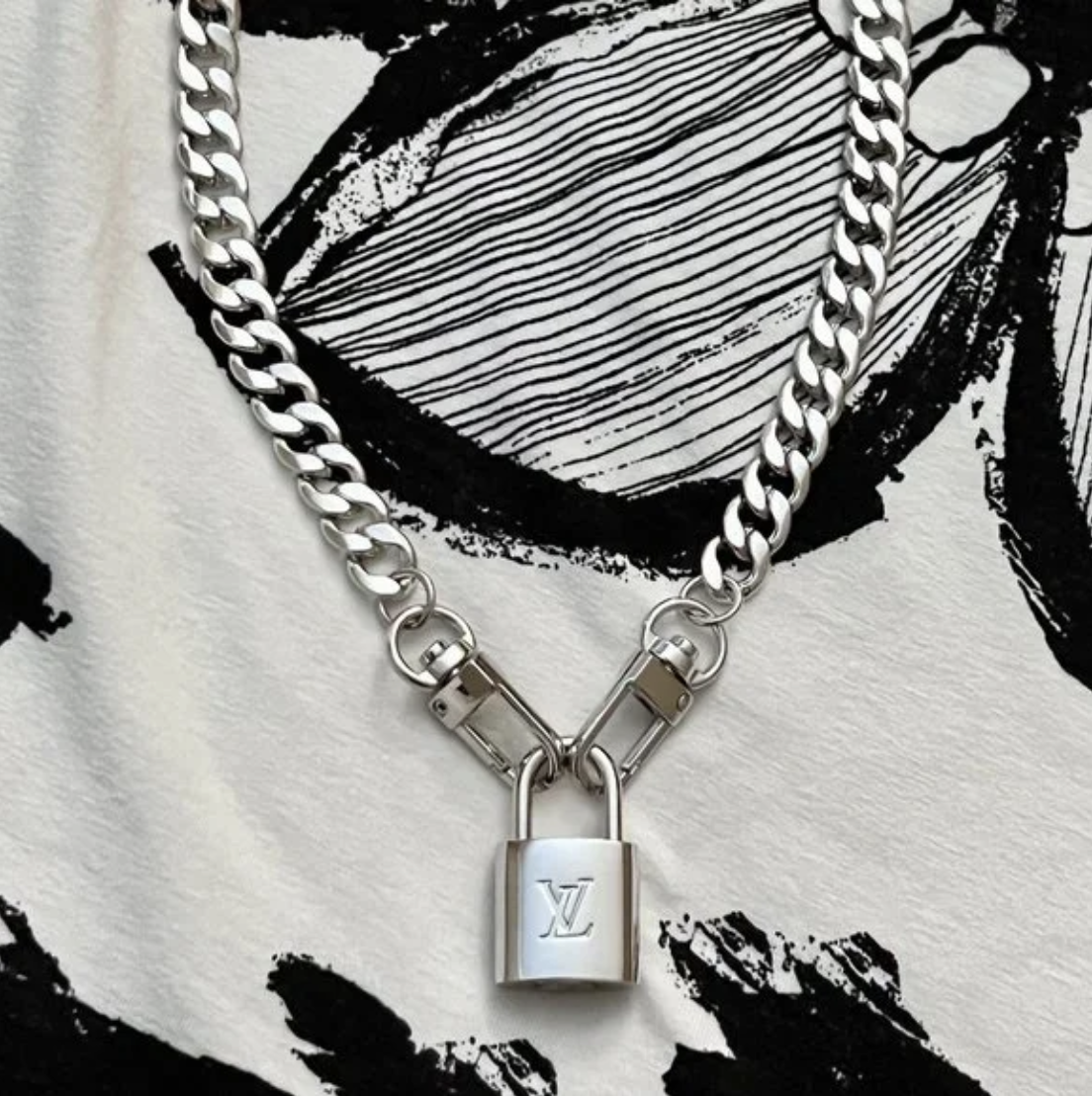 New Louis Vuitton Silver-Toned Lock with 18" Curb Chain Necklace