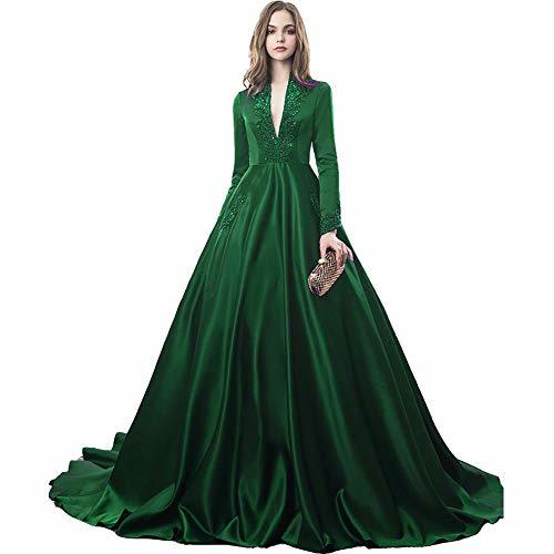 Custom Made Vintage Long Sleeves Beaded V Neck Evening Prom Dress Emerald Green