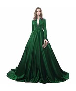 Custom Made Vintage Long Sleeves Beaded V Neck Evening Prom Dress Emeral... - $168.29