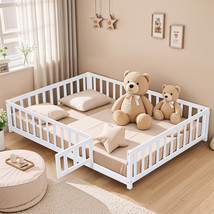 Full Size Floor Platform Bed with Fence and Door for Kids Montessori Flo... - $285.45