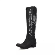 Woman Ethnic Knee High Boots Sewing Cowboy Zip Pointed Toe 5cm Chunky Heel Shoes - £56.69 GBP