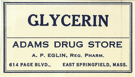 Vintage Pharmacy Label GLYCERIN Adams Drug Store East Springfield Massac... - £20.79 GBP