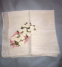 Hand Embroidered White Rose Handkerchief 1950&#39;s - £16.35 GBP