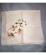 Hand Embroidered White Rose Handkerchief 1950&#39;s - $20.79