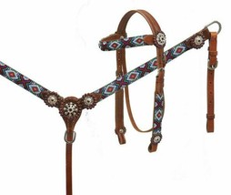 Western Saddle Horse Beaded Leather Tack Set Bridle Headstall + Breast Collar - £78.97 GBP