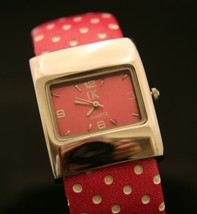 New ladies&#39; pink dial cuff quartz wristwatch with pink &amp; white polka dot... - $24.75