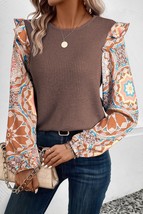 Coffee Ruffled Floral Sleeve Patchwork Waffle Knit O Neck Blouse - $20.48