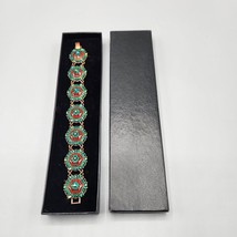 Joan Rivers Red &amp; Green Enamel Crystal Link Bracelet Hexagon Copper Tone... - £46.40 GBP