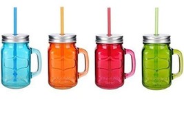 Glass Mason Jar 4 Pc Set 15.5 Oz w/Straw With Handles Assorted Colored Steel Lid - £29.30 GBP