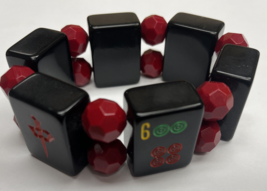 Vintage Black Bakelite Mah Jong Tile Bracelet Bangle W Beads - £62.24 GBP