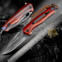 MULTI-FUNCTIONAL Folding Pocket Knife With Clip Damascus Blade Rosewood Handle - £95.25 GBP+